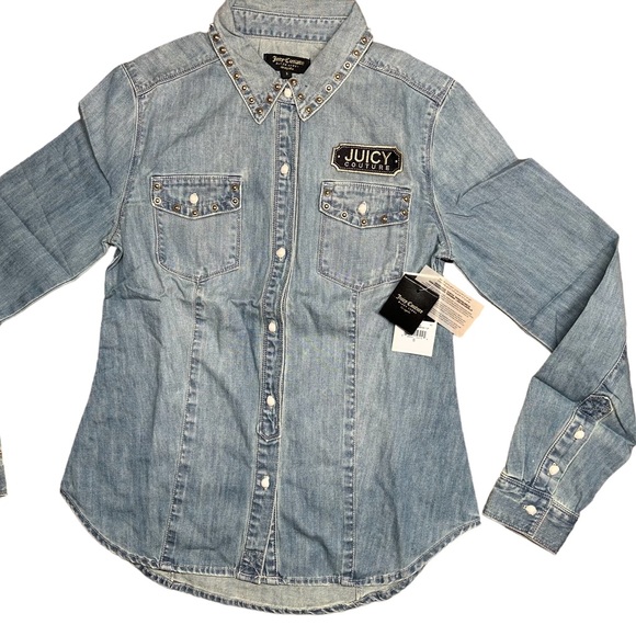 Juicy Couture Tops - Juicy Couture Studded Collar Denim Jean Shirt Pockets Flap Long Sleeve Small